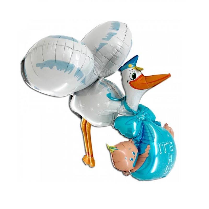 Фольгированный шар "Аист с младенцем" голубой.